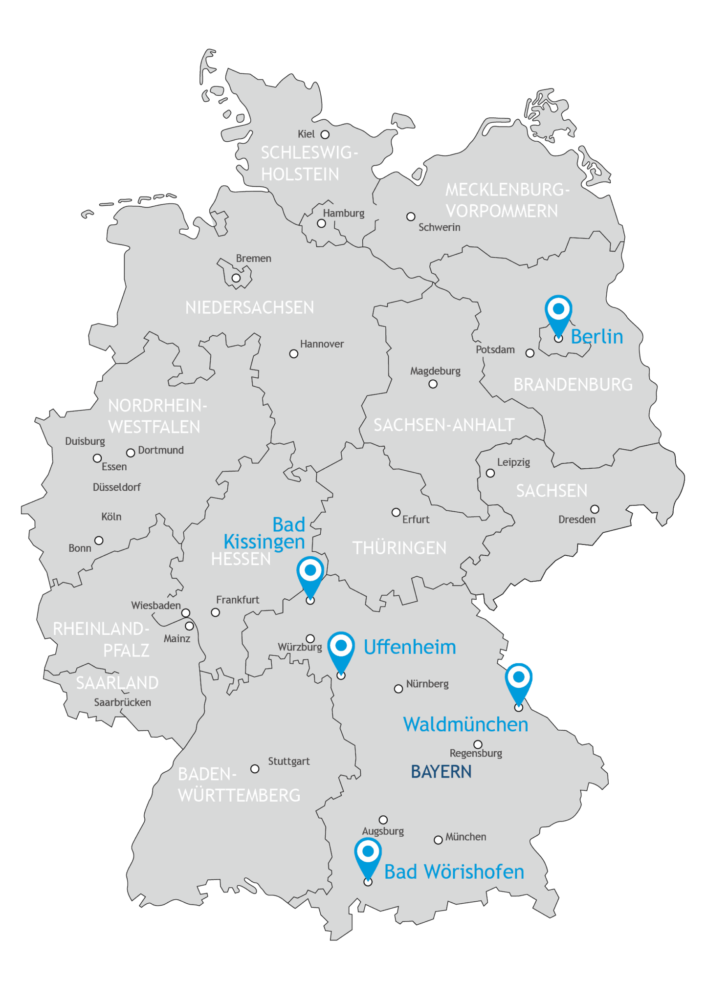 Deutschlandkarte mit Standorten der Heiligenfeld Kliniken